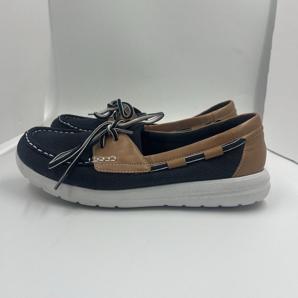 Clarks Cloudsteppers Boat Deck Shoes Womens 8 Navy Tan Slip On Loafers Casual